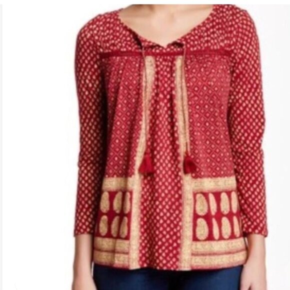 Lucky Brand Tops - LUCKY BRAND Top Boho Hippie Peasant Festival Blouse Red Tan 3/4 Sleeve Size M